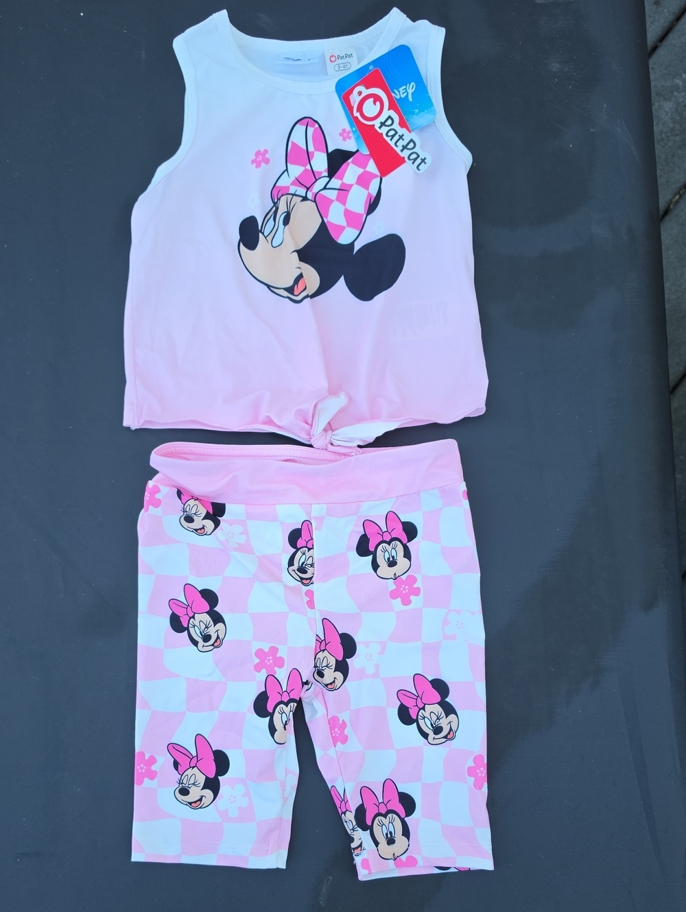 PatPat Pink Minnie Mouse Tie-Front Tank & Check Shorts Set